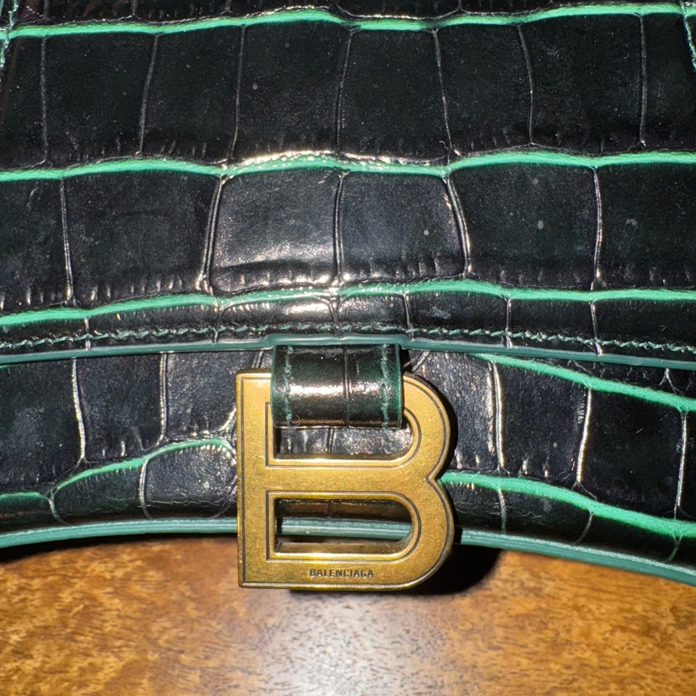 Balenciaga Hourglass Green and Black Croc-Embossed Calfskin Leather Handbag (S) - Picture 5 of 8